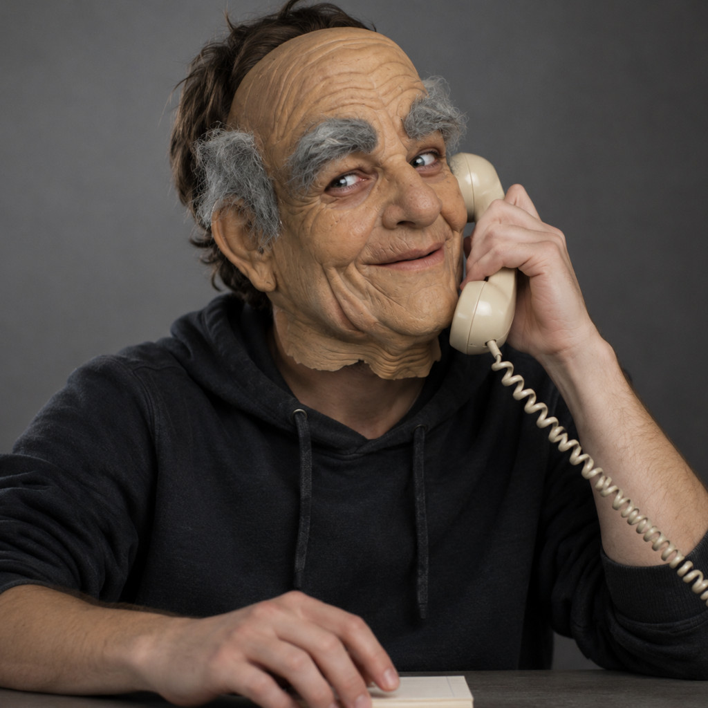 Un hombre con una máscara de anciano, calvo y de cejas grises pobladas, sonríe con picardía, con un auricular de teléfono beige de cable rizado pegado a la oreja.
